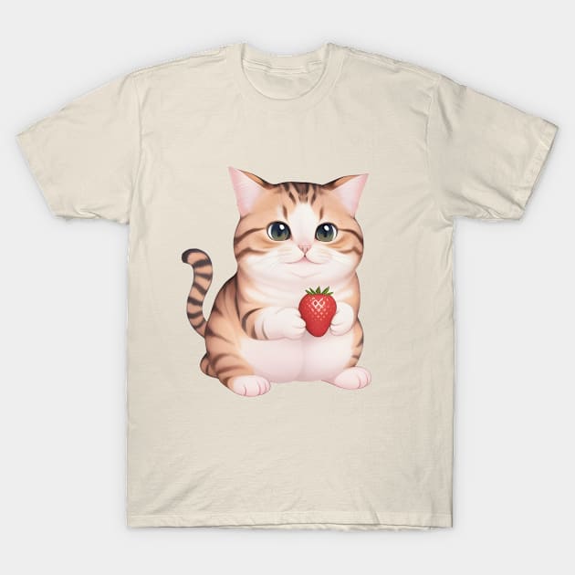 Cute Cat Holding a Strawberry T-Shirt by PHDesigner